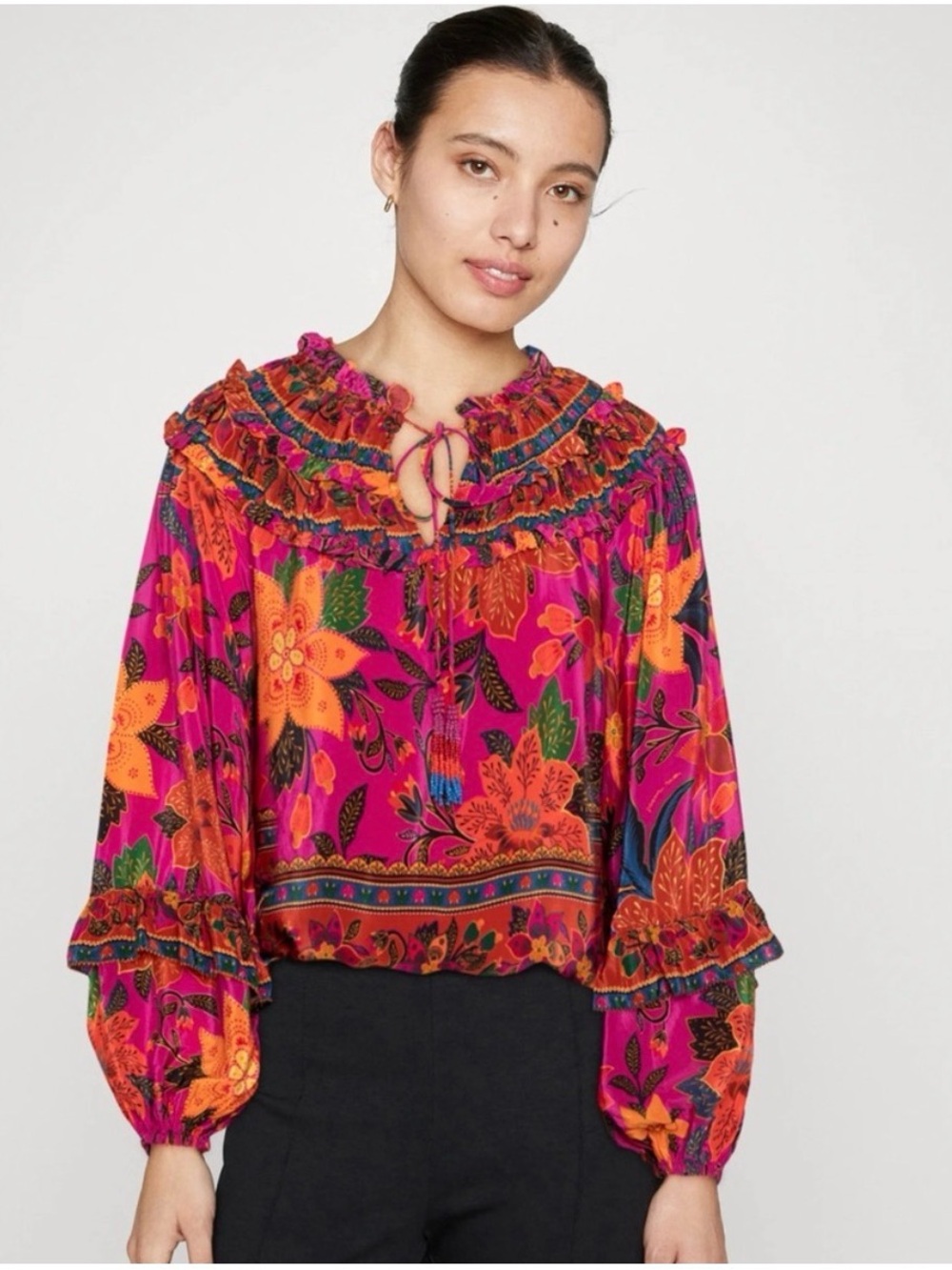 FARM Rio Tropical Tapestry Blouse Pink and Orange Floral Ruffle Peasant